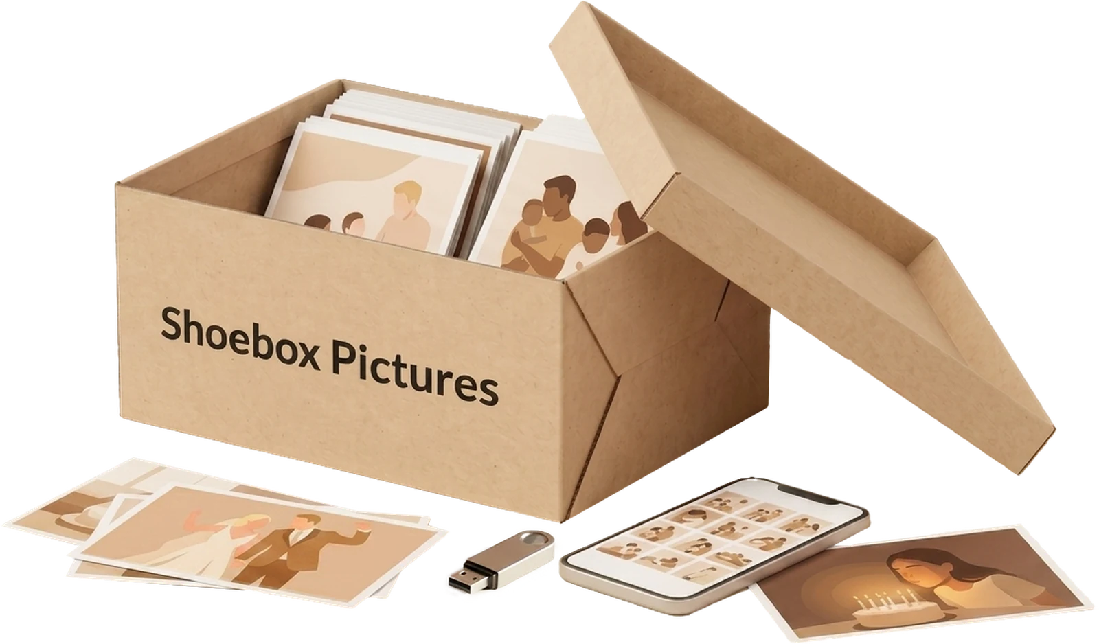A cardboard shoebox printed with Shoebox Pictures, full of family photographs, with wedding and birthday photos spilled out in front beside a phone and a USB thumb drive.