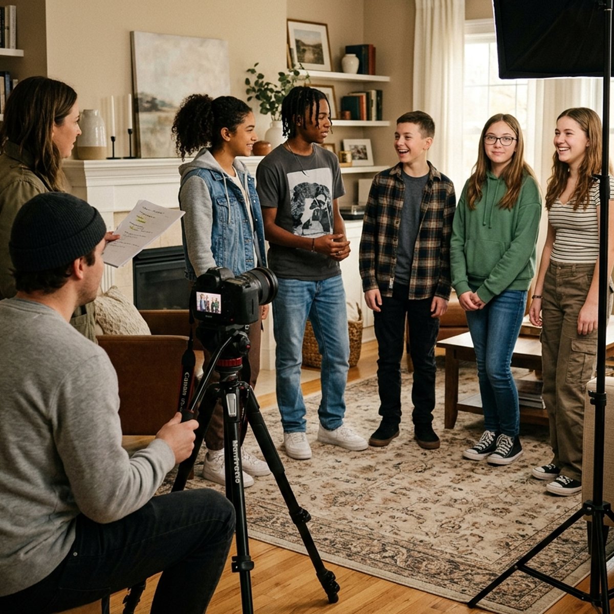 A small film crew directing a group of kids in a living room.