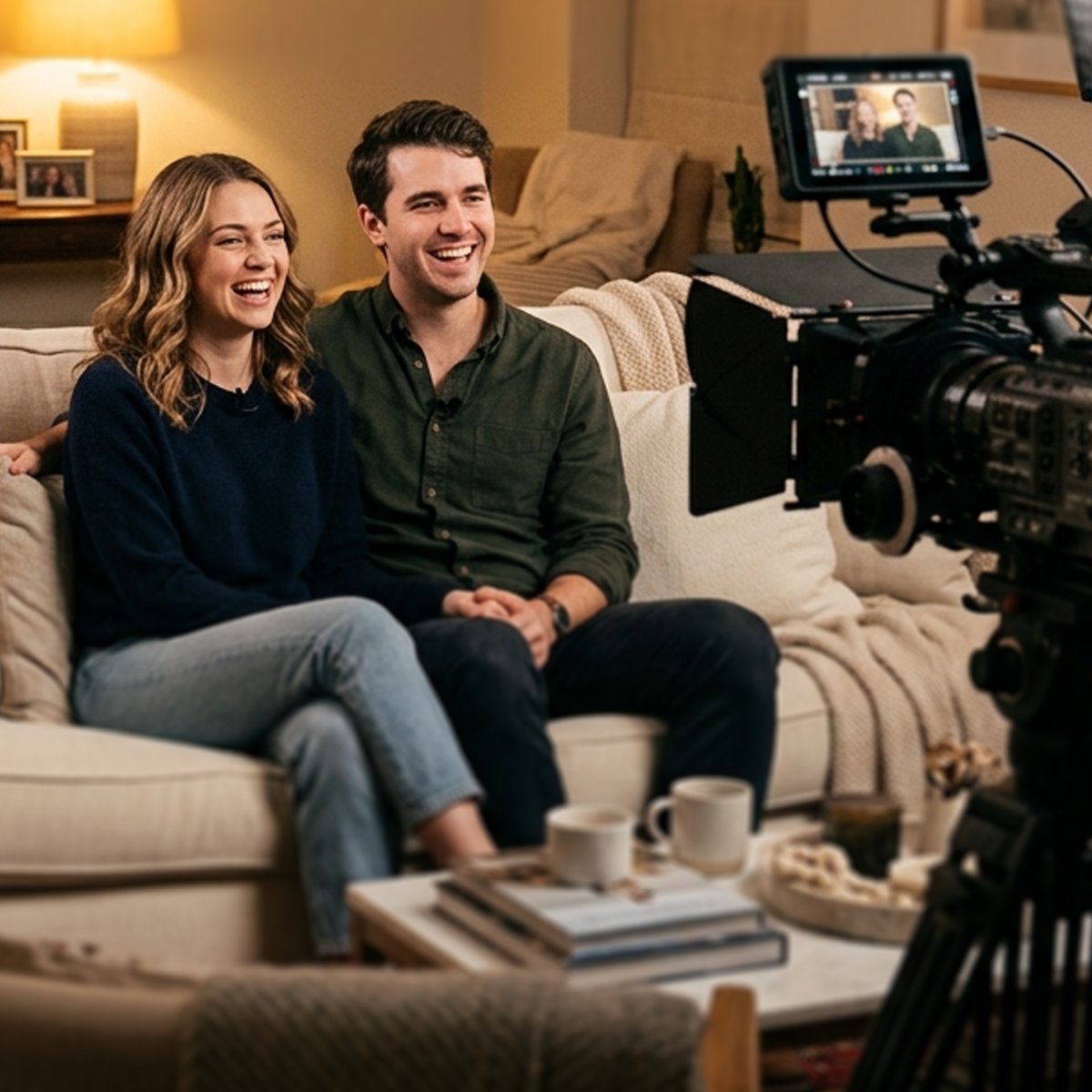 A couple laughing on a sofa while being filmed for an interview, a cinema camera in the foreground.