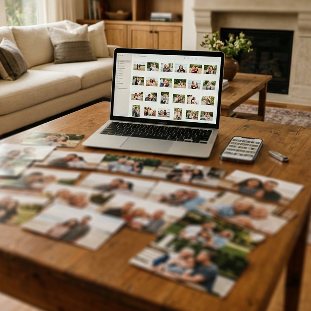 A laptop on a wooden coffee table showing a grid of family photos, printed photographs spread across the table.